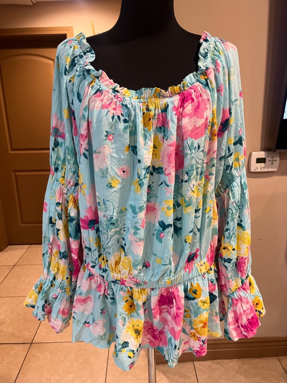 Light Blue Floral Ruffled Peasant Blouse - Women's Top - Picture 2 of 6